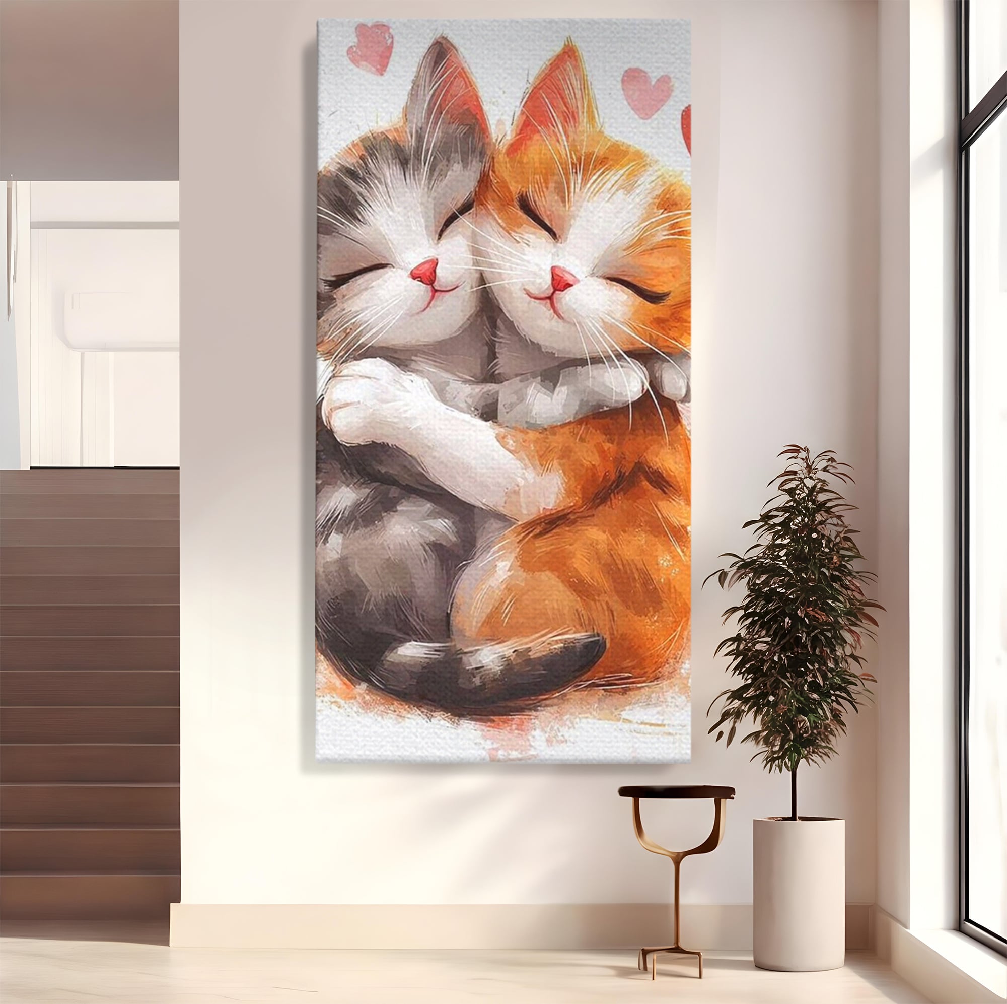 Tablou canvas cu doua pisicute care se imbratiseaza, fara rama, pe sasiu de lemn
